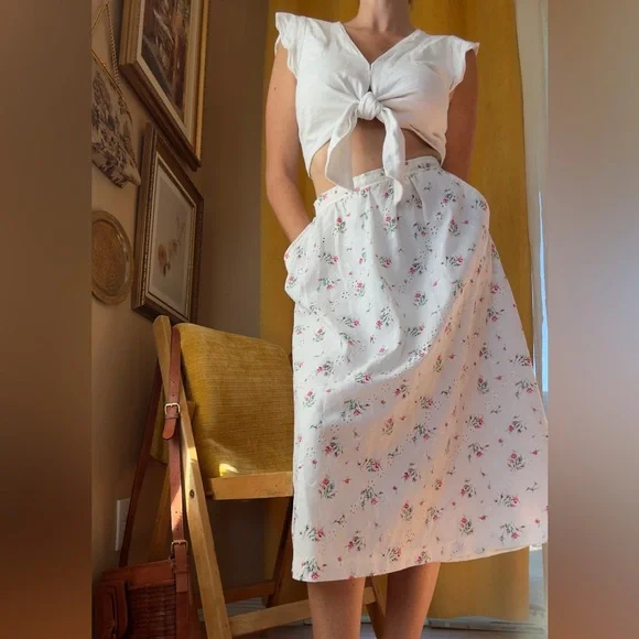 Vintage White Hand Sewn Floral Eyelet Midi with Pockets XS - Picture 3 of 14